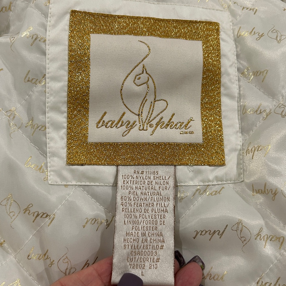 Y2K Baby Phat White Long Down Puffer Jacket Faux Fur Hood |Size Large - Picture 13 of 17